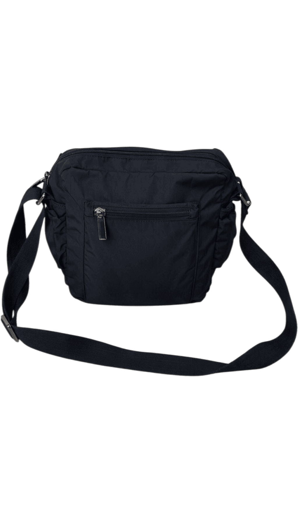 Black crossbody bag cut out on a white background after cleanup