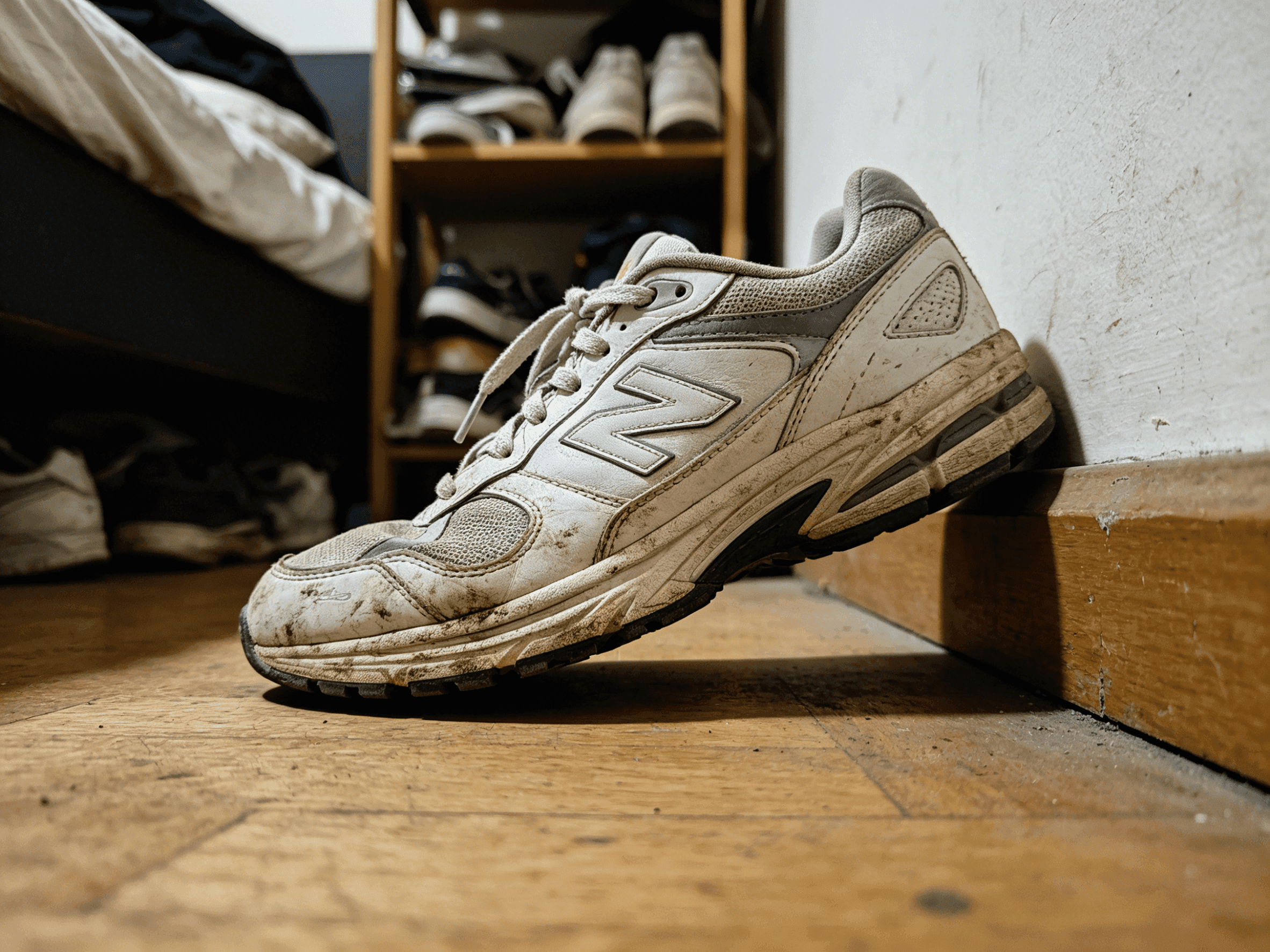 Sneaker photographed on a floor before white-background cleanup